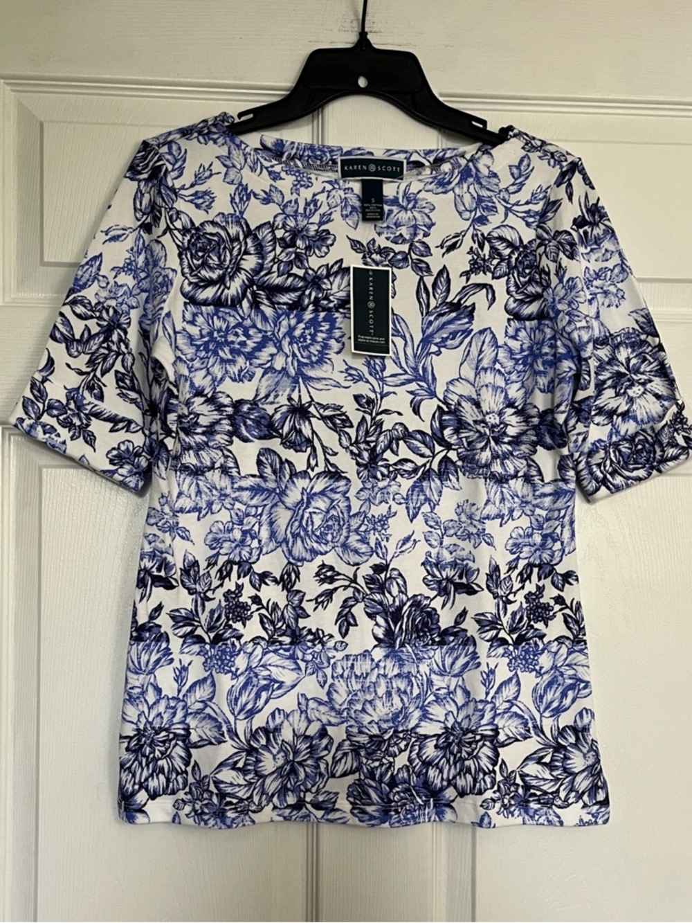 Karen Scott Elbow Sleeve Boatneck Top - Women’s S Blue Floral Print - NWT
